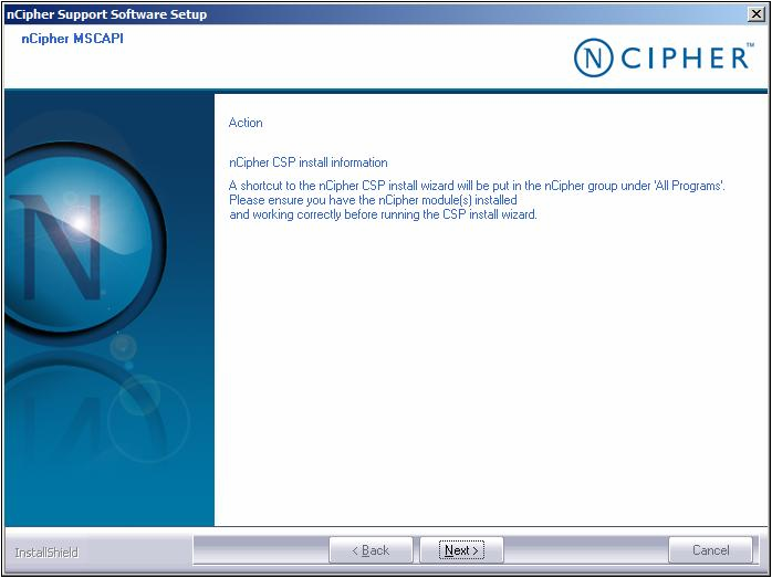 nCipher Support Software Setup window MSCAPI screen